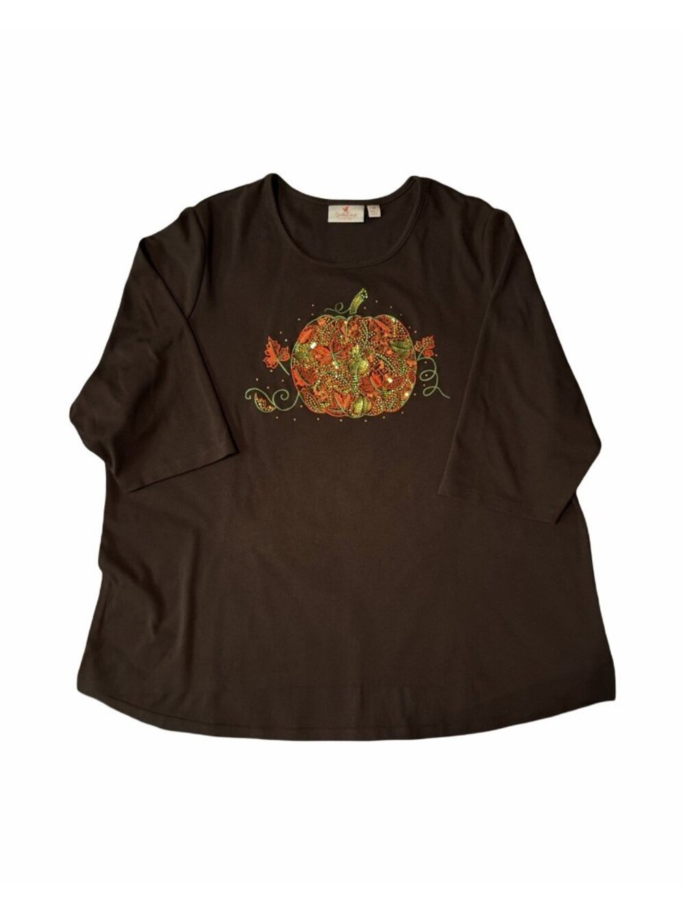 Quacker Factory Jeanne Bice 3X Brown Sequin Pumpkin Fall 3/4 Sleeve High Low Top - Picture 1 of 6